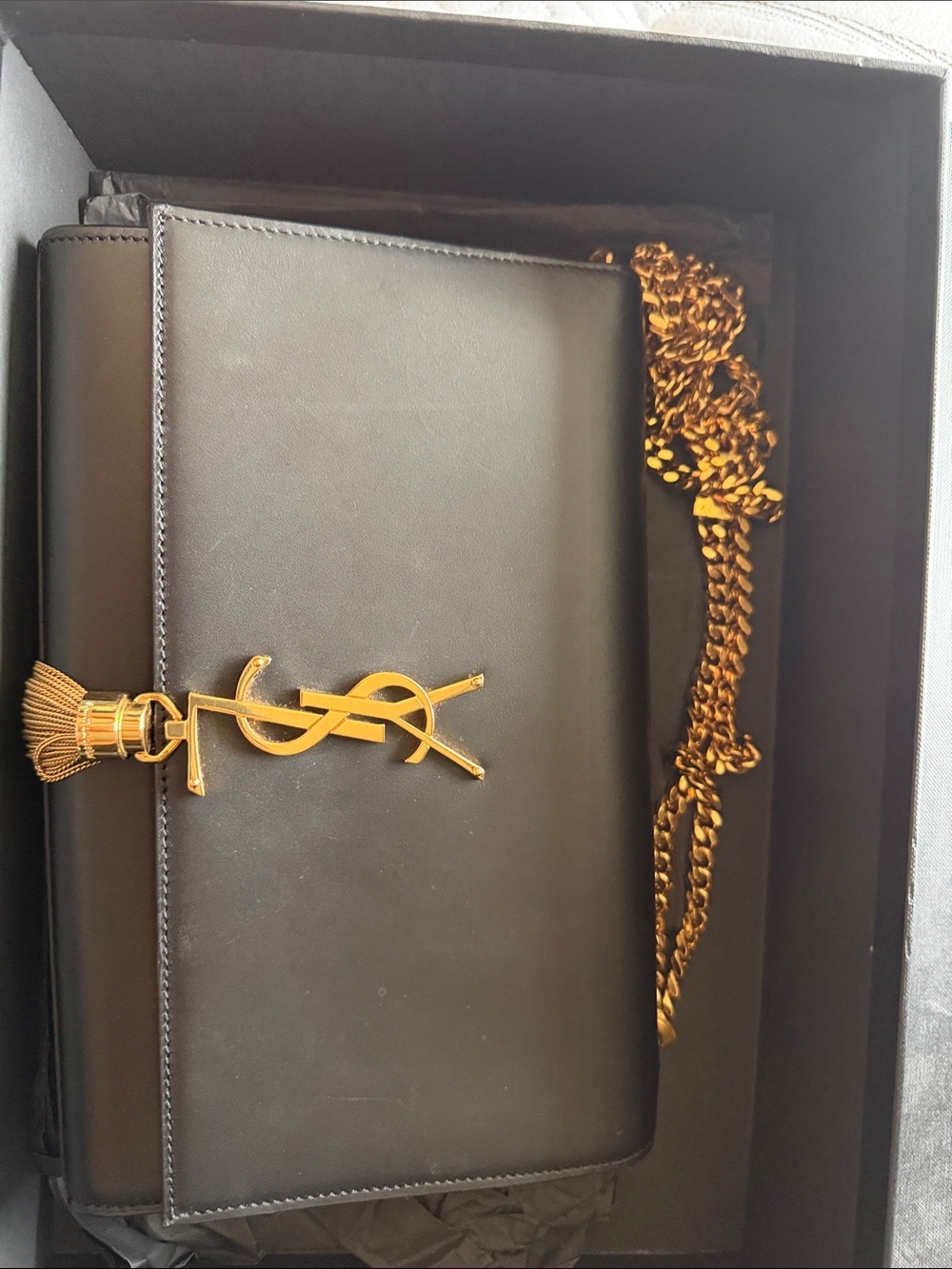Saint Laurent Black Leather Wallet with Gold YSL Tassel Chain